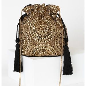 Gold beaded bucket bag